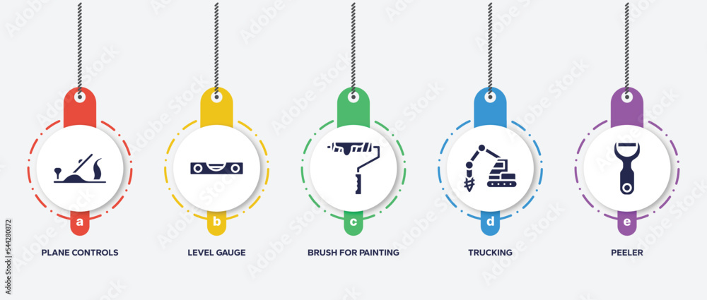 Poster infographic element template with cutting tool filled icons such as plane controls, level gauge, bru