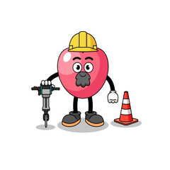 Character cartoon of heart symbol working on road construction