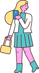 Cartoon hand drawn line art people using phone