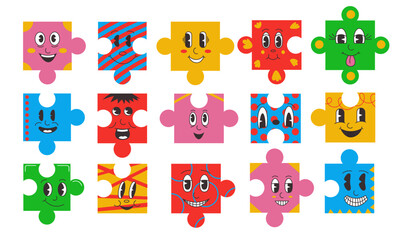 Puzzle characters. Cartoon comic face emotions on jigsaw pieces shapes, abstract cute facial emoji flat doodle design. Vector isolated set
