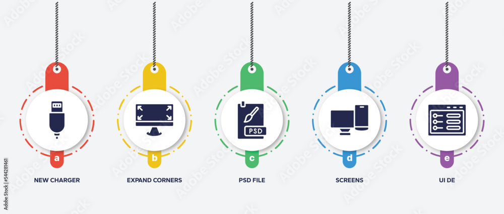 Poster infographic element template with programming line craft filled icons such as new charger, expand co
