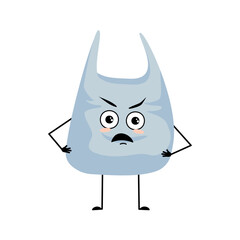 Cute character package with angry emotions, grumpy face, furious eyes, arms and legs. Plastic bag with irritated face. Vector flat illustration