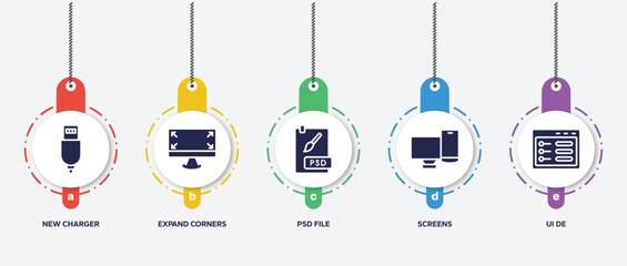 infographic element template with programming line craft filled icons such as new charger, expand corners, psd file, screens, ui de vector.