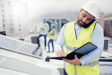 Solar energy, engineer phone call and man writing on solar roof working on inspection of electric...