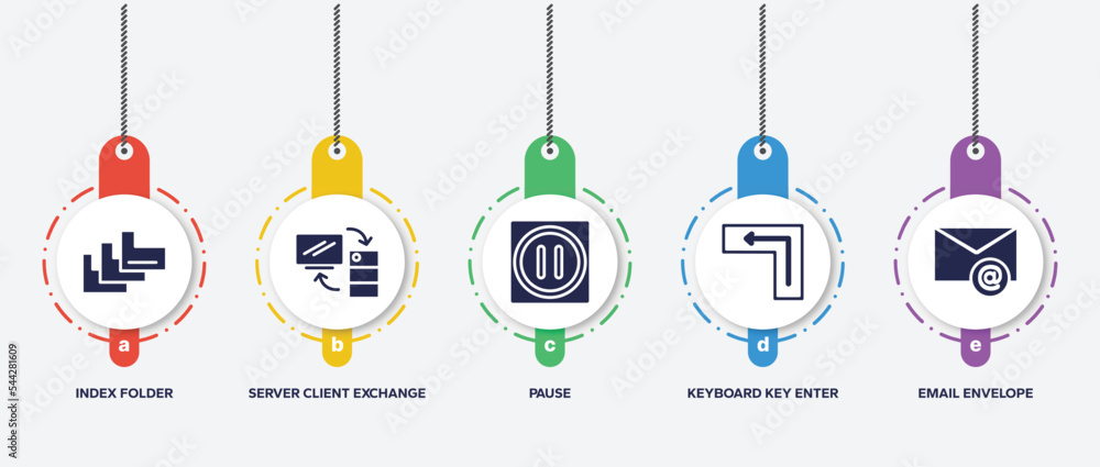 Poster infographic element template with computer and media filled icons such as index folder, server clien
