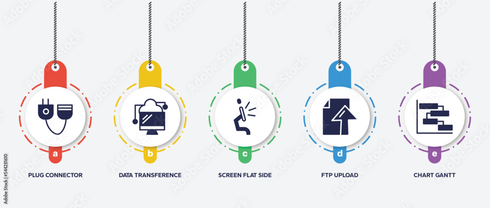 Poster infographic element template with computer and media filled icons such as plug connector, data trans