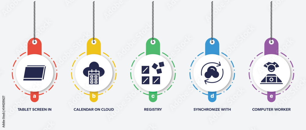 Poster infographic element template with computer workers filled icons such as tablet screen in perspective