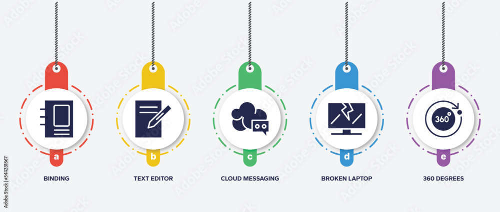 Poster infographic element template with technology filled icons such as binding, text editor, cloud messag