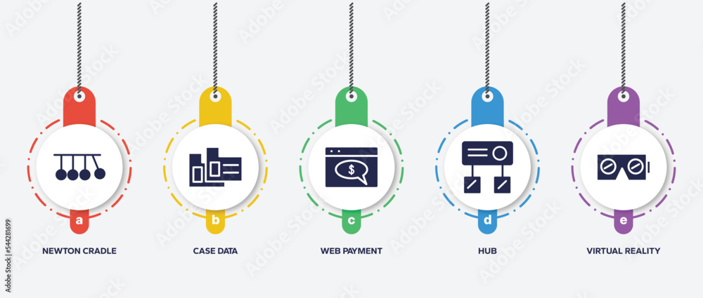 Poster infographic element template with digital services filled icons such as newton cradle, case data, we