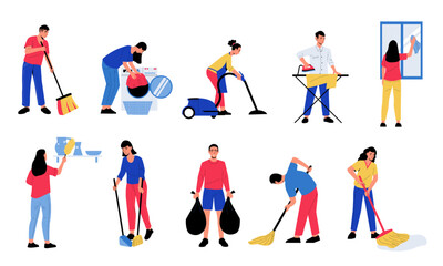 Fototapeta na wymiar People cleaning up. Cartoon abstract characters doing housework ironing washing window, vacuuming, making bed. Vector housekeeping set