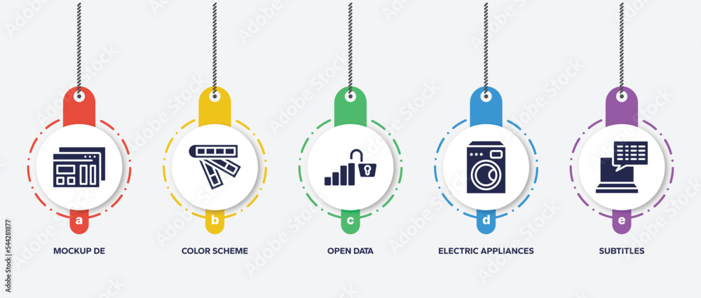 Poster infographic element template with computer and files filled icons such as mockup de, color scheme, o