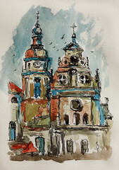 Hand drawn church. Acrylic painting of the church