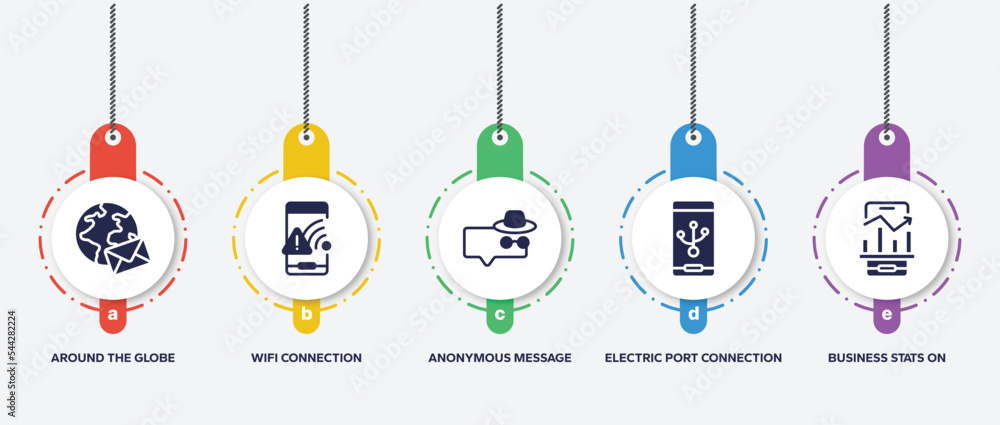 Poster infographic element template with mobile analytics filled icons such as around the globe, wifi conne