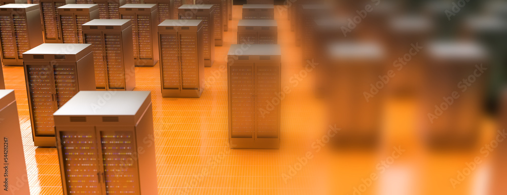 Poster server room. server data center. backup, mining, hosting, mainframe, farm and computer rack with sto