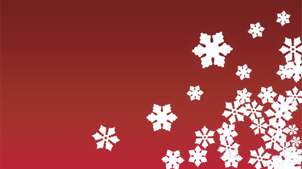 Christmas  Vector Background with Falling Snowflakes. Isolated on Red Background. Realistic Snow Sparkle Pattern. Snowfall Overlay Print. Winter Sky. Papercut Snowflakes.