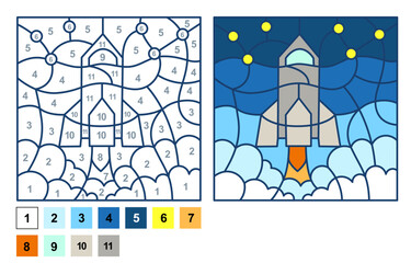 Vector coloring page, Puzzle game, Color by number rocket, shuttle, spaceship