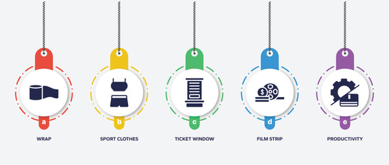 infographic element template with economy filled icons such as wrap, sport clothes, ticket window, film strip, productivity vector.