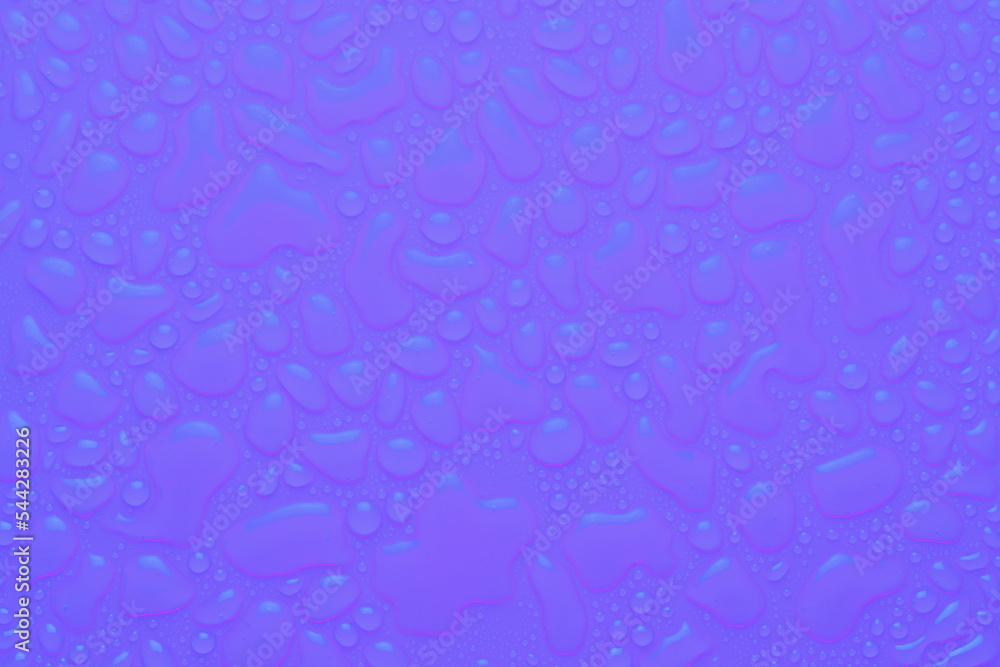 Poster water drops on saturated violet and pink background as soft neon color pattern with different form d