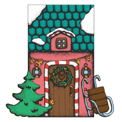 Handdrawn Dotwork vector illustration for New Year gift card. Model of a paper Christmas house with a wooden door, candles, garlands, a wreath, a garland with flags, a Christmas tree and a sleigh