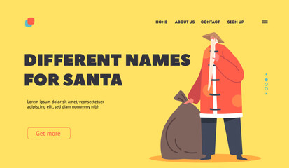 Asian Santa Landing Page Template. Chinese Claus in Red Traditional Oriental Costume and Straw Hat Carry Sack with Gifts