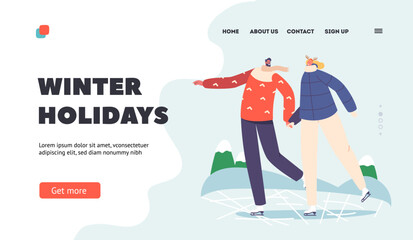 Winter Holidays Landing Page Template. Couple Christmas Spare Time Amusement. Happy People Performing Outdoor Leisure