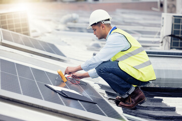 Solar panel, engineer and electrician working, upgrade and maintenance construction on building...
