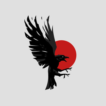 recommend clip art: The raven opened its wings and trampled its paws against the background of the red sun.
