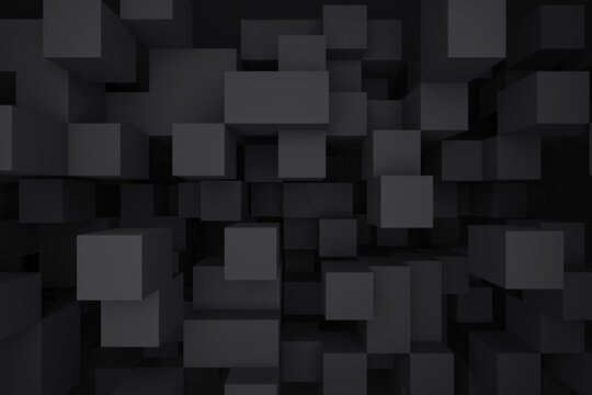 3d rendering abstract background of randomly positioned black cubes.