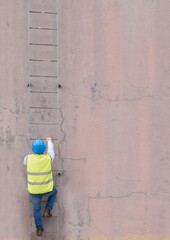 Engineer, building and man climbing ladder to get to roof or construction site. Engineering, safety...