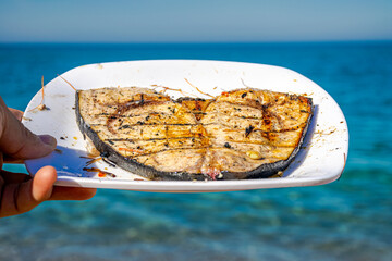 A slice of swordfish on a white plate hold by a hand and exposed. Selective focus on foreground and...
