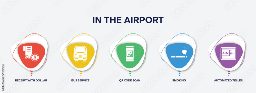 Poster infographic element template with in the airport filled icons such as receipt with dollar, bus servi
