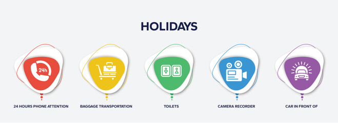 infographic element template with holidays filled icons such as 24 hours phone attention service, baggage transportation over wheels cart, toilets, camera recorder, car in front of the sun vector.
