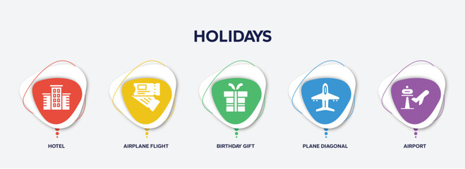 infographic element template with holidays filled icons such as hotel, airplane flight ticket, birthday gift, plane diagonal, airport vector.
