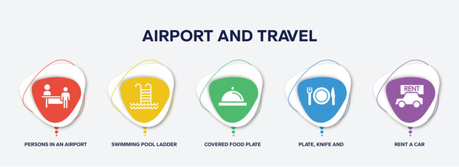 infographic element template with airport and travel filled icons such as persons in an airport, swimming pool ladder, covered food plate, plate, knife and fork, rent a car vector.