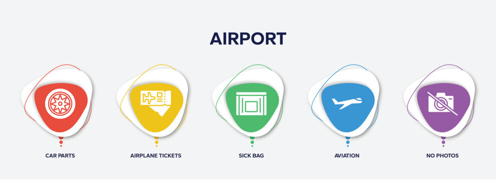 infographic element template with airport filled icons such as car parts, airplane tickets, sick bag, aviation, no photos vector.