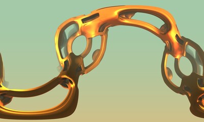 Surreal digital 3d artwork of golden curvy chain, metallic structure or cyber construction in sunset light. Virtual illustration of nonexistent dream, illusion or hallucination. Great for design.  - 544284436