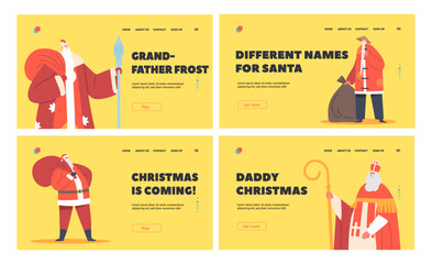 Santa Claus in Traditional Costumes of Different Countries Landing Page Template Set. Xmas Holidays Personages