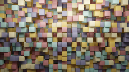 3D rendering 8K wallpaper background of retro-colored random shuffled cubes