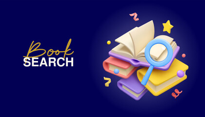 Vector 3d search banner. Magnifying glass with open book render illustration