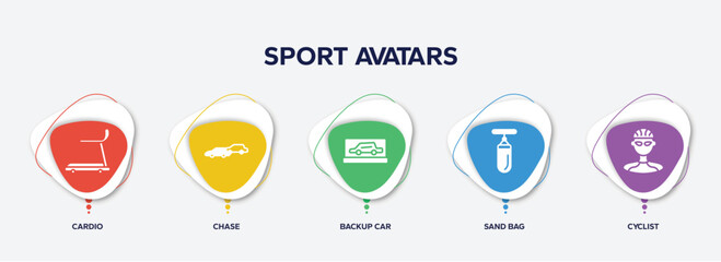 infographic element template with sport avatars filled icons such as cardio, chase, backup car, sand bag, cyclist vector.