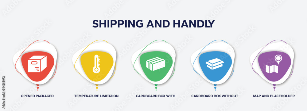 Poster infographic element template with shipping and handly filled icons such as opened packaged, temperat