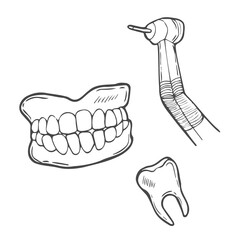 Dentistry doodles icon set. Hand drawn lines stomatology, dental, odontology cartoon collection. Teeth, dentures, orthodontic, dental instruments. Vector illustration.