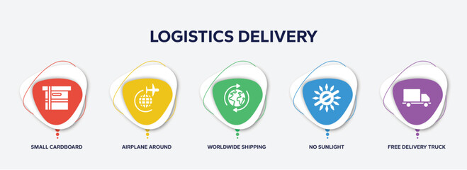 infographic element template with logistics delivery filled icons such as small cardboard box, airplane around earth, worldwide shipping, no sunlight, free delivery truck vector.
