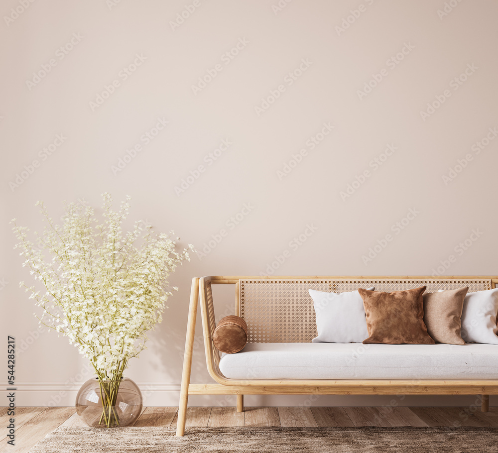 Wall mural Wall mockup in farmhouse room design, wooden and rattan furniture in beige living room, 3d render 