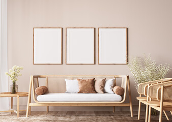Poster frame mockup in farmhouse room design, wooden and rattan furniture in beige living room, 3d render 