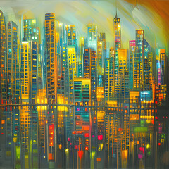 Abstract Night Cityscape Painting Style Digital Art, Colorful Brush Stroke City View Illustration