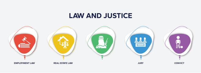 infographic element template with law and justice filled icons such as employment law, real estate law, , jury, convict vector.