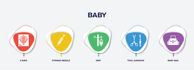 infographic element template with baby filled icons such as x rays, syringe needle, drip, tool surgeon, baby bag vector.