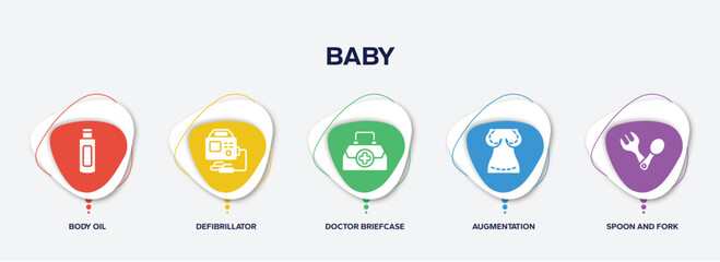 infographic element template with baby filled icons such as body oil, defibrillator, doctor briefcase, augmentation, spoon and fork vector.