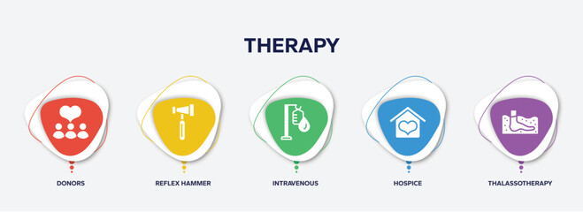 infographic element template with therapy filled icons such as donors, reflex hammer, intravenous, hospice, thalassotherapy vector. - obrazy, fototapety, plakaty